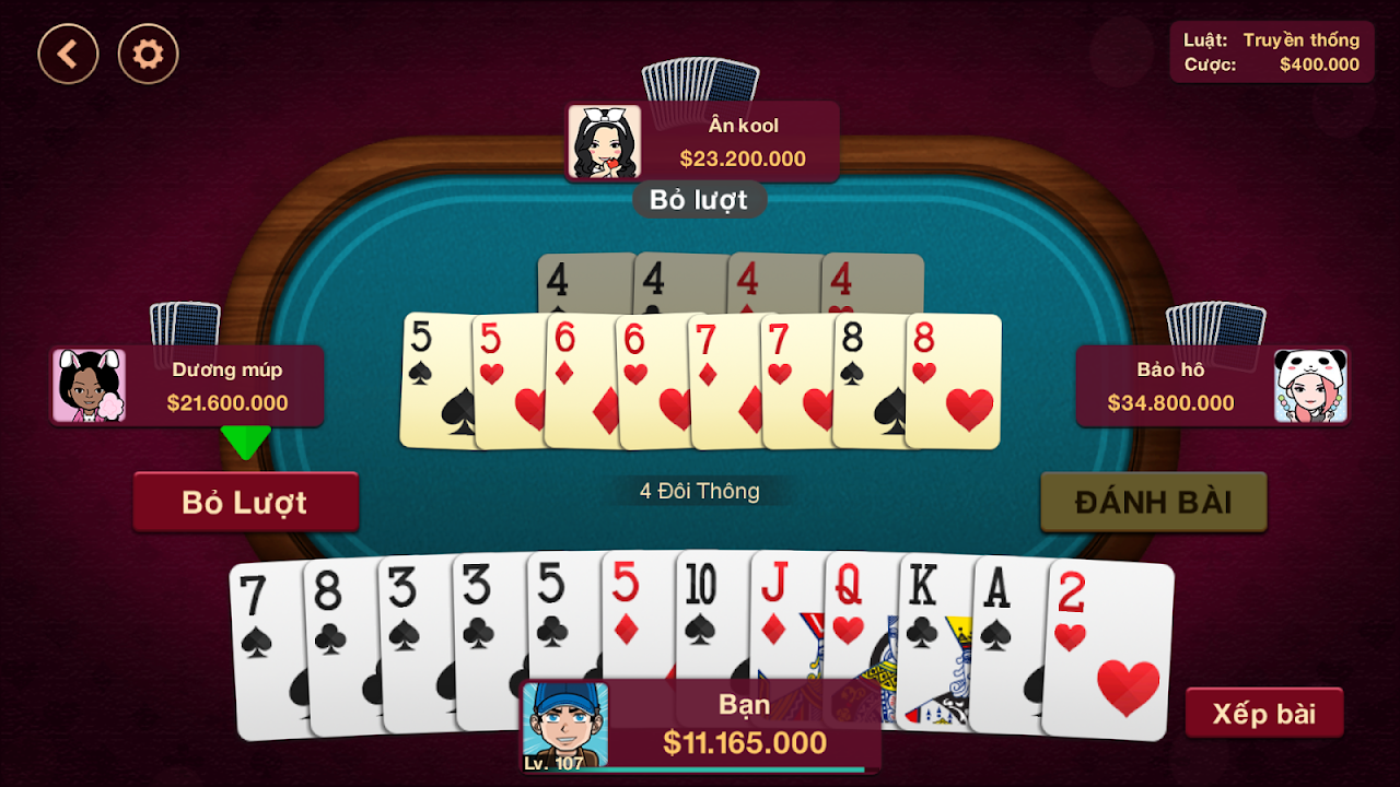 Người chơi có thể đánh Tiến Lên Miền Nam 32Win 4 tay với người chơi khác